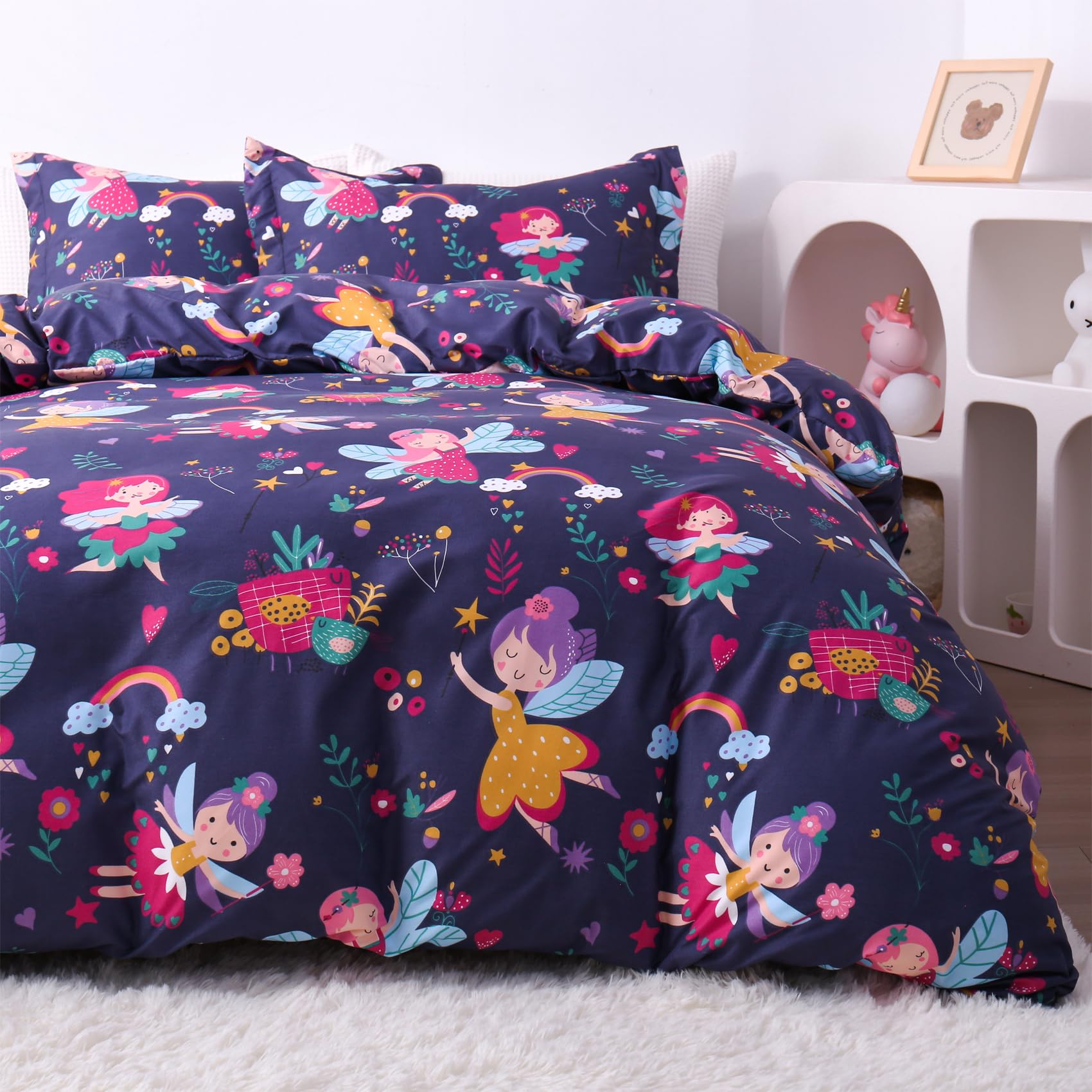 JSD Fairy Floral Kids Duvet Cover Set Twin Size, 2 Piece Girls Printed Microfiber Comforter Cover with Pillow Sham Zipper Closure