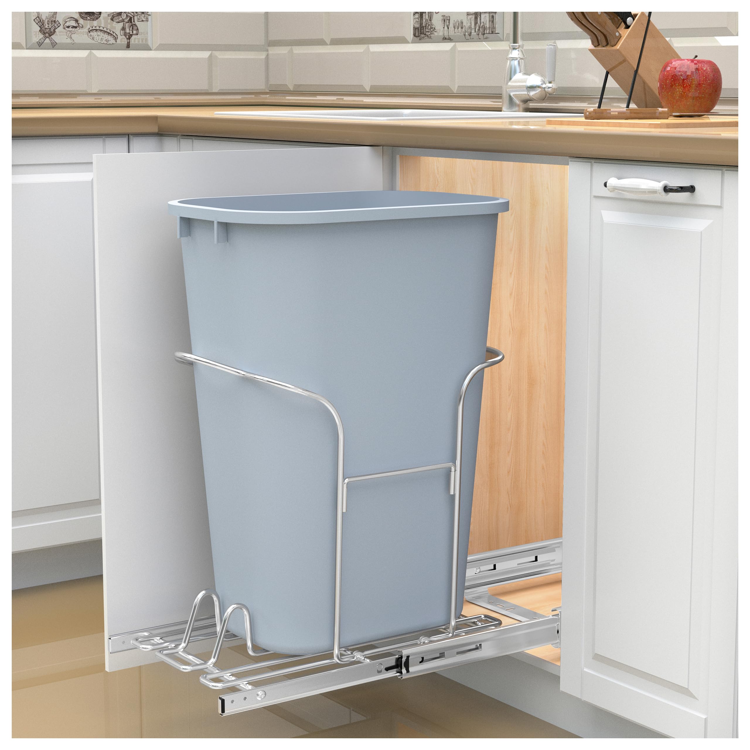 JOWBOOW Pull Out Trash Can Under Cabinet, 37 Qt Under Cabinet Trash Can Pull Out with Soft Close Slides, Kitchen Cabinet Garbage Can Pull Out, Grey