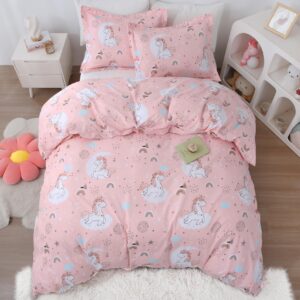 JSD Pink Unicorn Kids Duvet Cover Set Twin Size, 2 Piece Girls Printed Microfiber Bedding Comforter Cover with Pillow Sham Zipper Closure