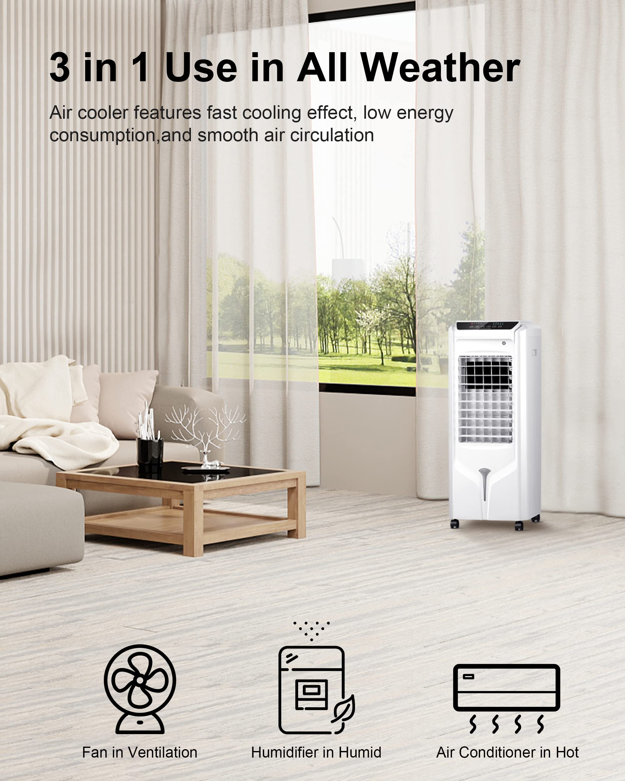 Uthfy Portable Air Conditioners, 32" Swamp Cooler Evaporative Air Cooler with 4.2 Gal Tank, Remote, 120° Oscillation Cooling Fan with 3 Speeds, 12H Timer, 3 In 1 Tower Fan thats Blow Cold Air for Room