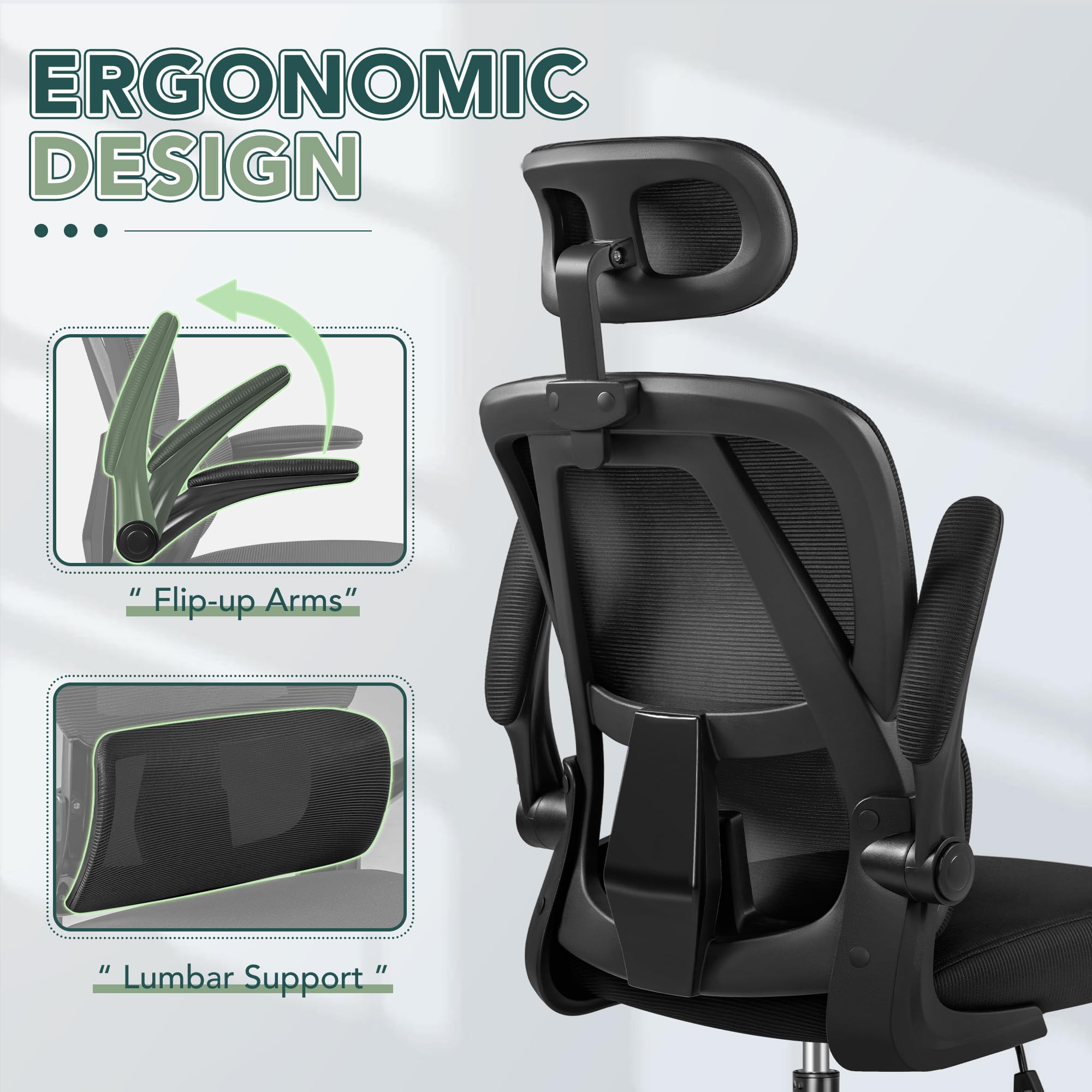 Shahoo Ergonomic Office Chair, High Back with Breathable Mesh Seat,Adjustable Lumbar Support, Headrest and Flip-up Arms, Black