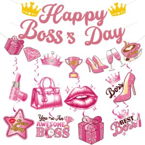 happy boss day decorations for women,rose gold happy boss's day banner and hanging swirls for women best boss ever decorations office.