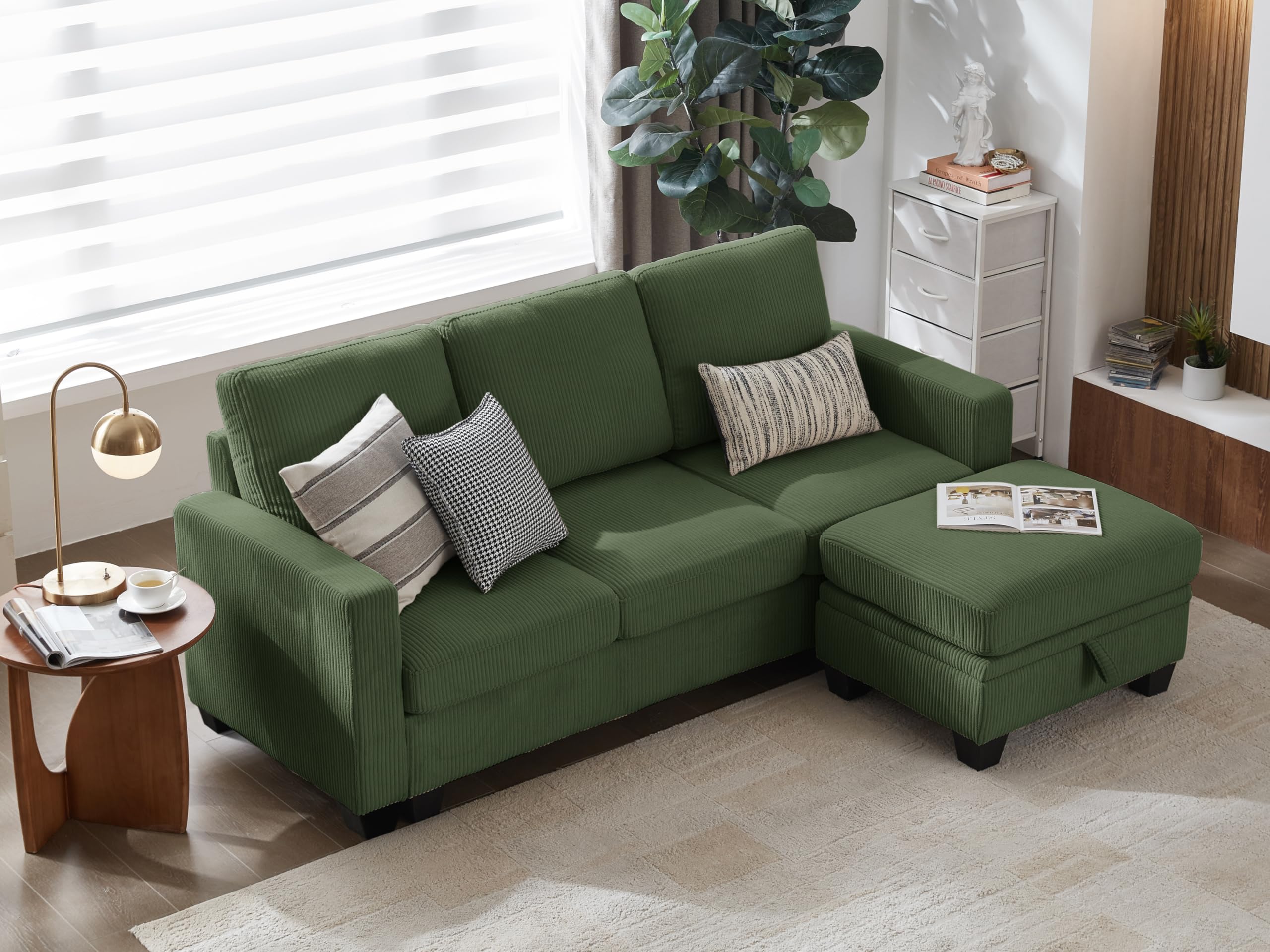 CHIC HOUSE Modular Sectional Sofa Corduroy Couch, Customizable U-Shaped Sofa with Storage Ottoman, Reversible Chaise for Living Room, Oversized L-Shaped Sofa Set (Green, 4 Seater Sectional)