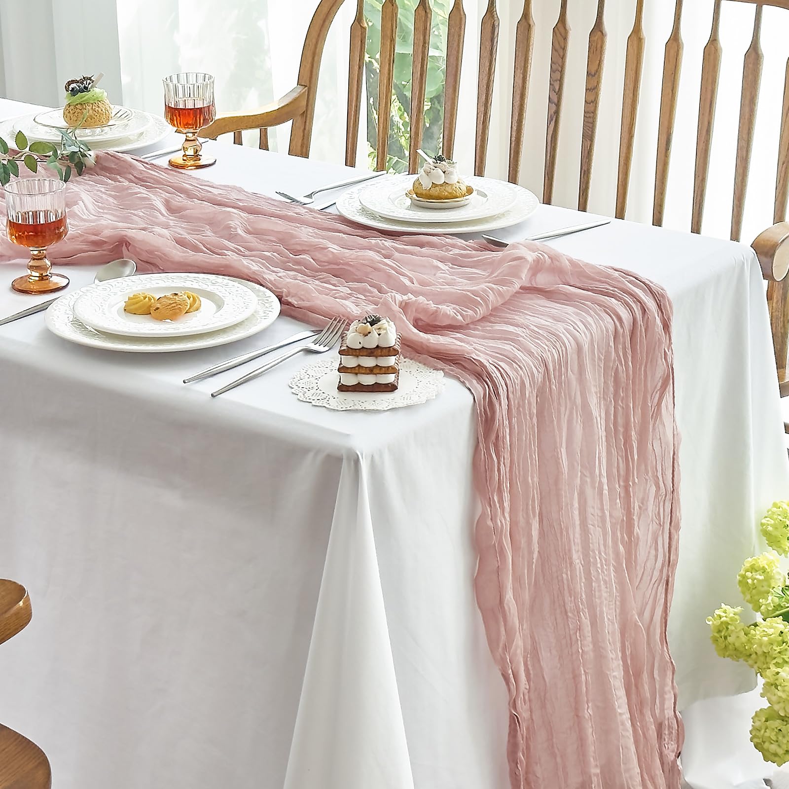 IVAPUPU 2 Pcs Cheesecloth Table Runner - 10ft Dusty Pink Boho Gauze Cheese Cloth Table Runner for Baby Shower Decoration Wedding Party Summer Garden Farmhouse Table Runner