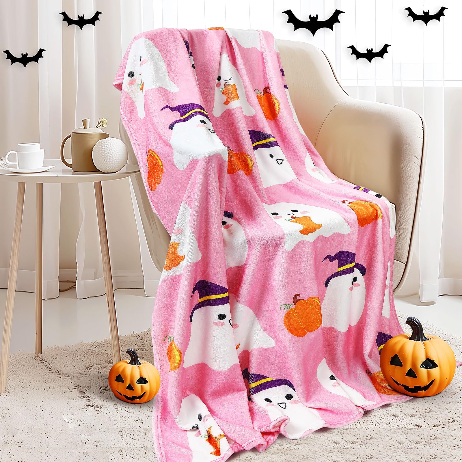 Jansun Halloween Pink Flannel Blanket, 60 x 50 Inch Ghost Pumpkin Throw Blanket Lightweight Reversible Blankets Plush Throw Blanket Soft Living Room Couch Bed Blanket for Girls Boys