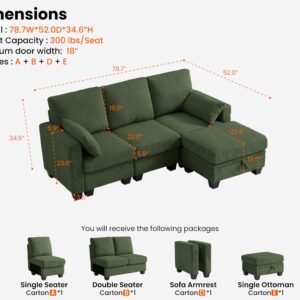 CHIC HOUSE Modular Sectional Sofa Corduroy Couch, Customizable U-Shaped Sofa with Storage Ottoman, Reversible Chaise for Living Room, Oversized L-Shaped Sofa Set (Green, 4 Seater Sectional)