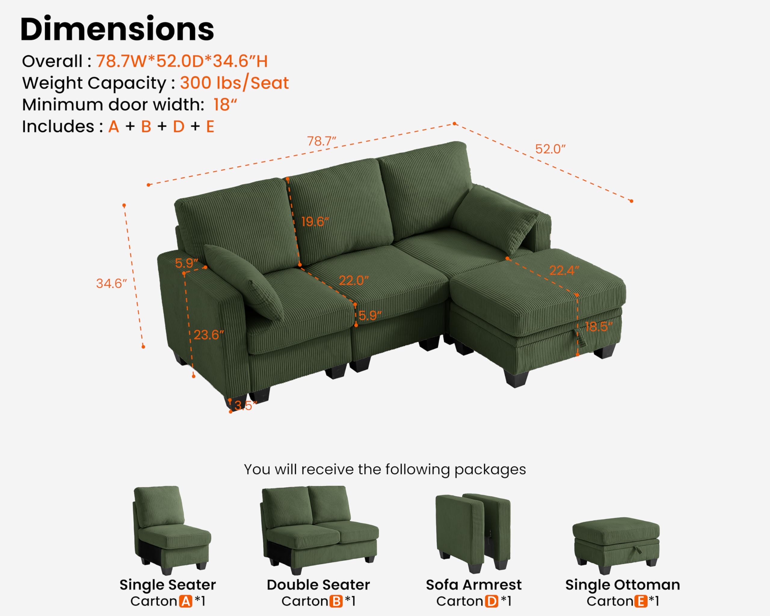 CHIC HOUSE Modular Sectional Sofa Corduroy Couch, Customizable U-Shaped Sofa with Storage Ottoman, Reversible Chaise for Living Room, Oversized L-Shaped Sofa Set (Green, 4 Seater Sectional)