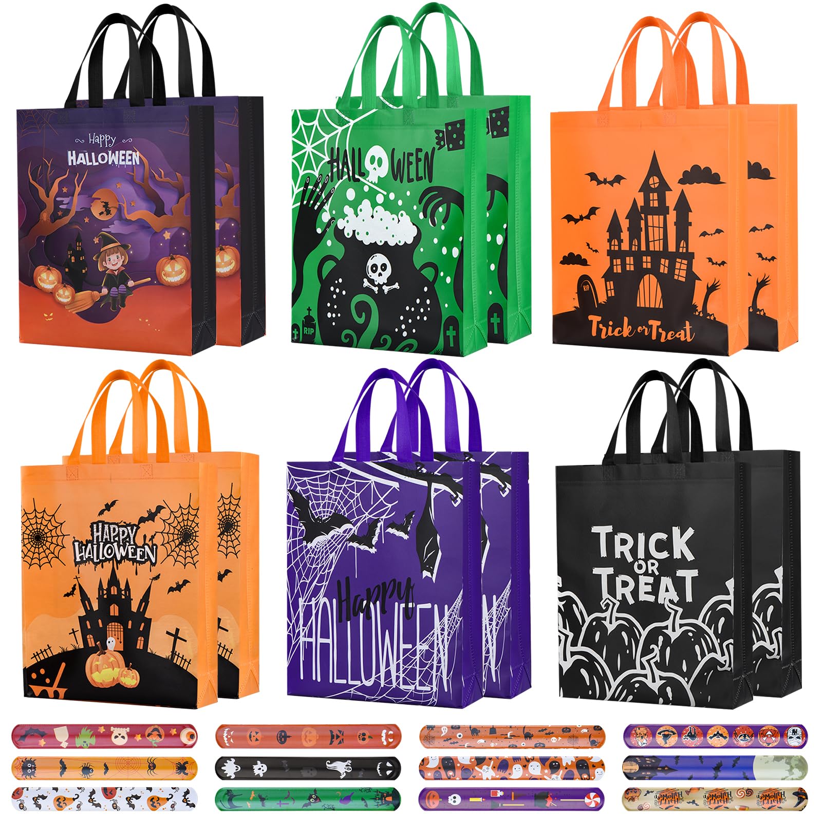 Halloween Bags,12 Pcs Halloween Trick or Treat Bags Large,Halloween Tote Bag with 12 Pcs Halloween Slap Bracelets,Halloween Candy Bags for Halloween Party Supplies,Gift Wrapping 15"×11.6"×3.9"