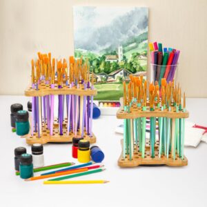 Cedilis 2 Pack Rotating Paint Brush Holder, 59 Holes Bamboo Paintbrush Holder Organizer for Pen, Pencil, Watercolor Brushes, Artist, No Assembly Required