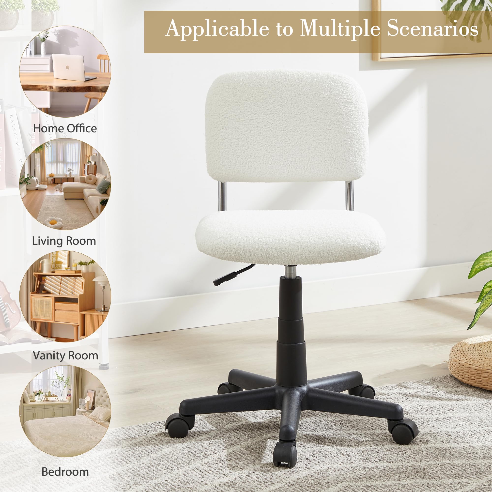 VECELO Armless Home Office Sherpa Vanity Chair with Wheels Faux Fur, Swivel Height Adjustable for Bedroom Makeup, White