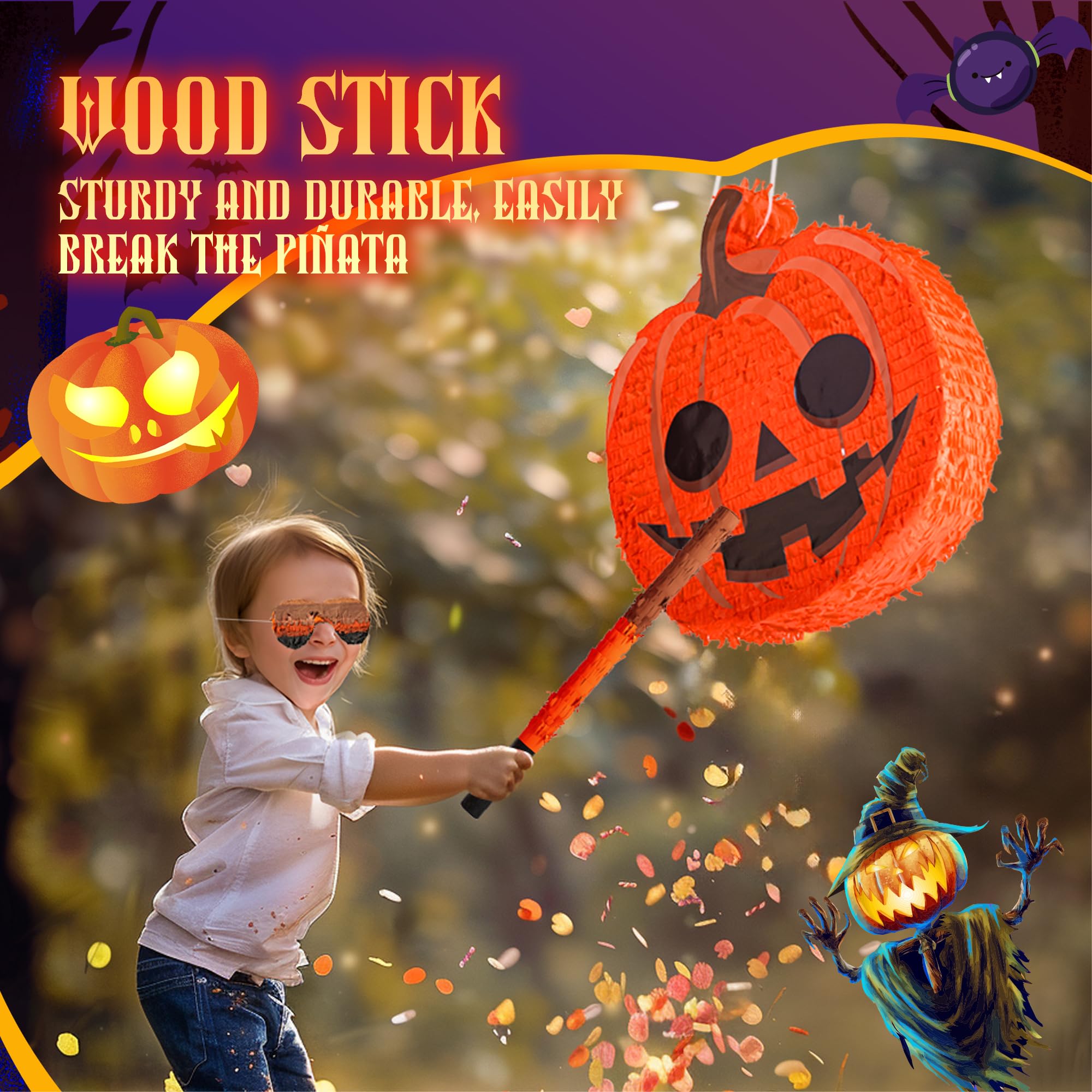 MUWOOB Halloween Pumpkin Pinata, Halloween Piñata with 100 pcs Halloween Tattoos Kids, Stick Blindfold and Confetti, Halloween Birthday Pinata Party Games Decorations for Kids Adults (Pumpkin)