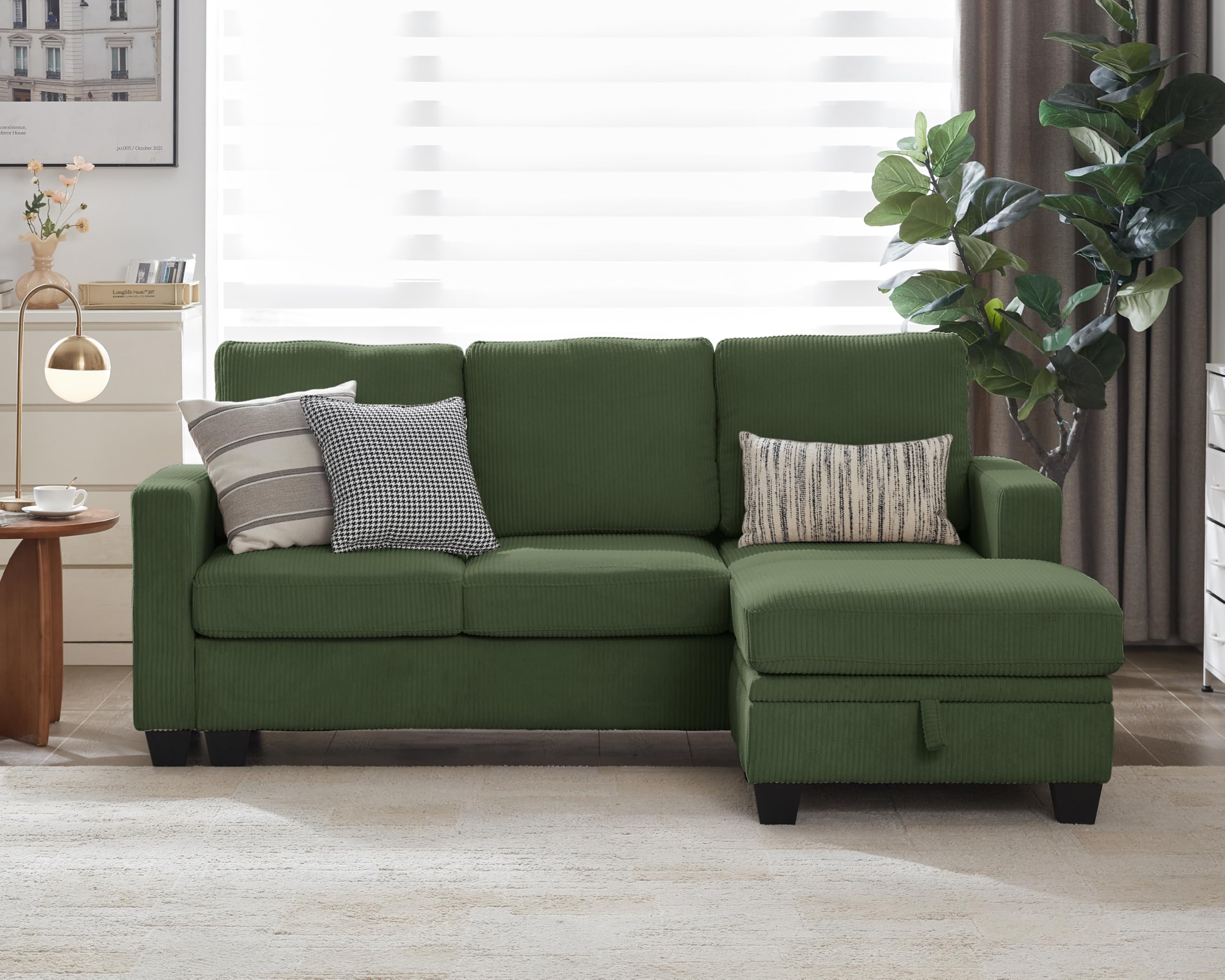 CHIC HOUSE Modular Sectional Sofa Corduroy Couch, Customizable U-Shaped Sofa with Storage Ottoman, Reversible Chaise for Living Room, Oversized L-Shaped Sofa Set (Green, 4 Seater Sectional)