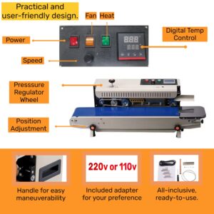 Continuous Bag Band Sealing Machine UX900K 220V with 110V Adapter Digital Temperature Control Horizontal Bag Sealer for 0.02-0.08 mm Plastic Bags Continuous Band Sealer