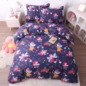 jsd fairy floral kids duvet cover set twin size, 2 piece girls printed microfiber comforter cover with pillow sham zipper closure