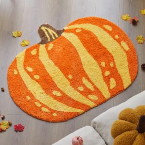 stitchworn 3.5x3ft tufted xlarge pumpkin rug, high pile absorbent w/nonslip backing, autumn fall halloween decor for home, bathroom, bedroom, and living room