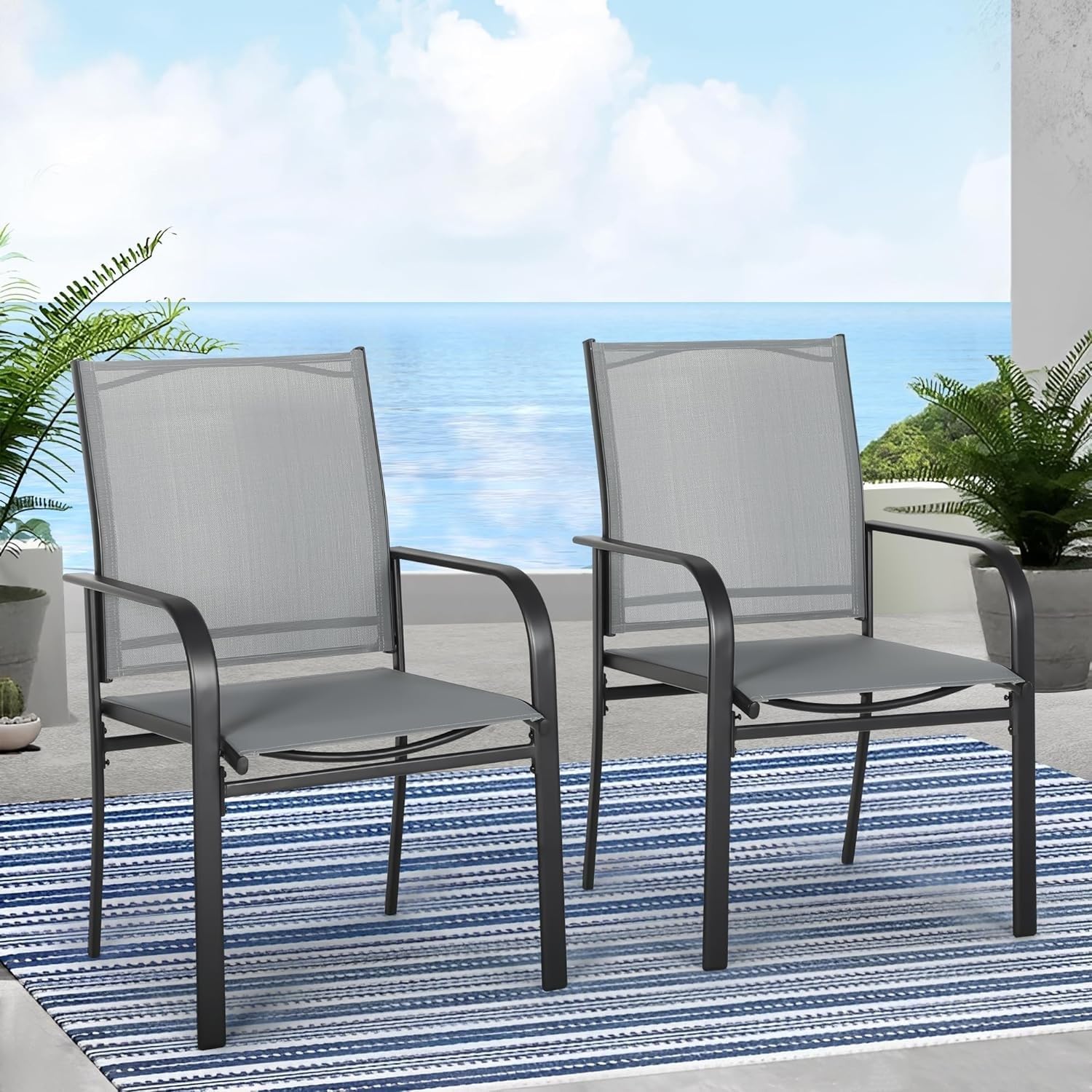 Bed Bath & Beyond Outdoor Patio Metal Textilene Dining Chairs with Armrest Set of 2 Grey