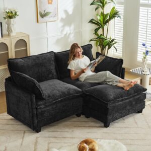 SENIFIS 77.6" Loveseat Sofa, Chenille Sectional Comfy Cloud Sofa Chouch with Movable Ottoman & Pillow, Modern 2-Seater Small Sofa Sleeper Deap Couches for Living Room (Black, Loveseat)