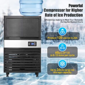 Commercial Ice Maker Machine, 120lbs/24H Under Counter Ice Maker Machine Stainless Steel with 26lbs Ice Storage Bin, Freestanding Ice Maker for Restaurant Bar Home Office Cafe, 2 Water Inlet Modes