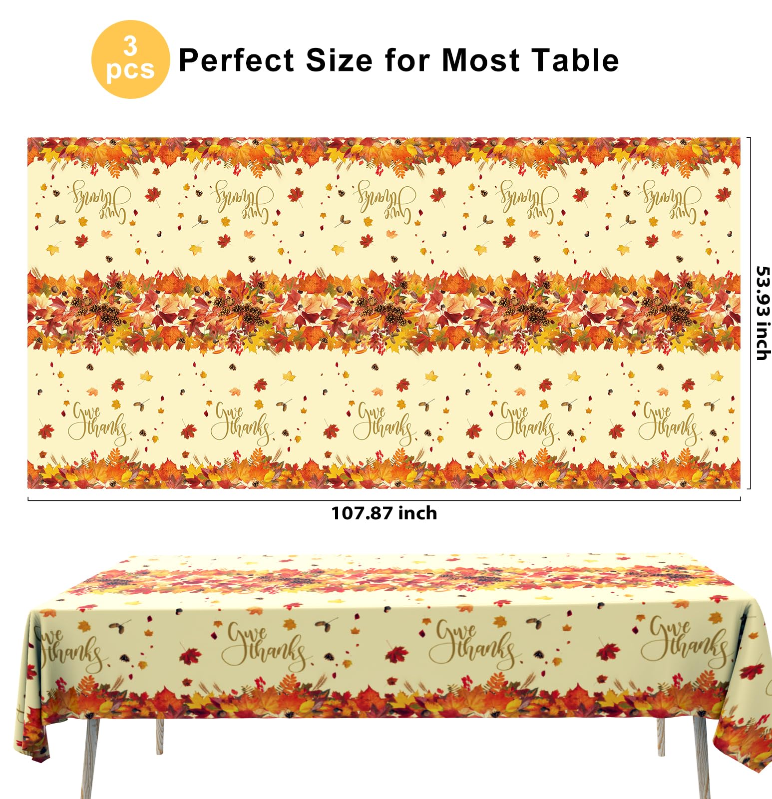 Tbsone Fall Thanksgiving Disposable Rectangle Tablecloth - 3 Pack, Autumn Maple Leaves Theme Plastic Table Cloth & Cover for Harvest Party Decorations Supplies (54 x 108 Inches)