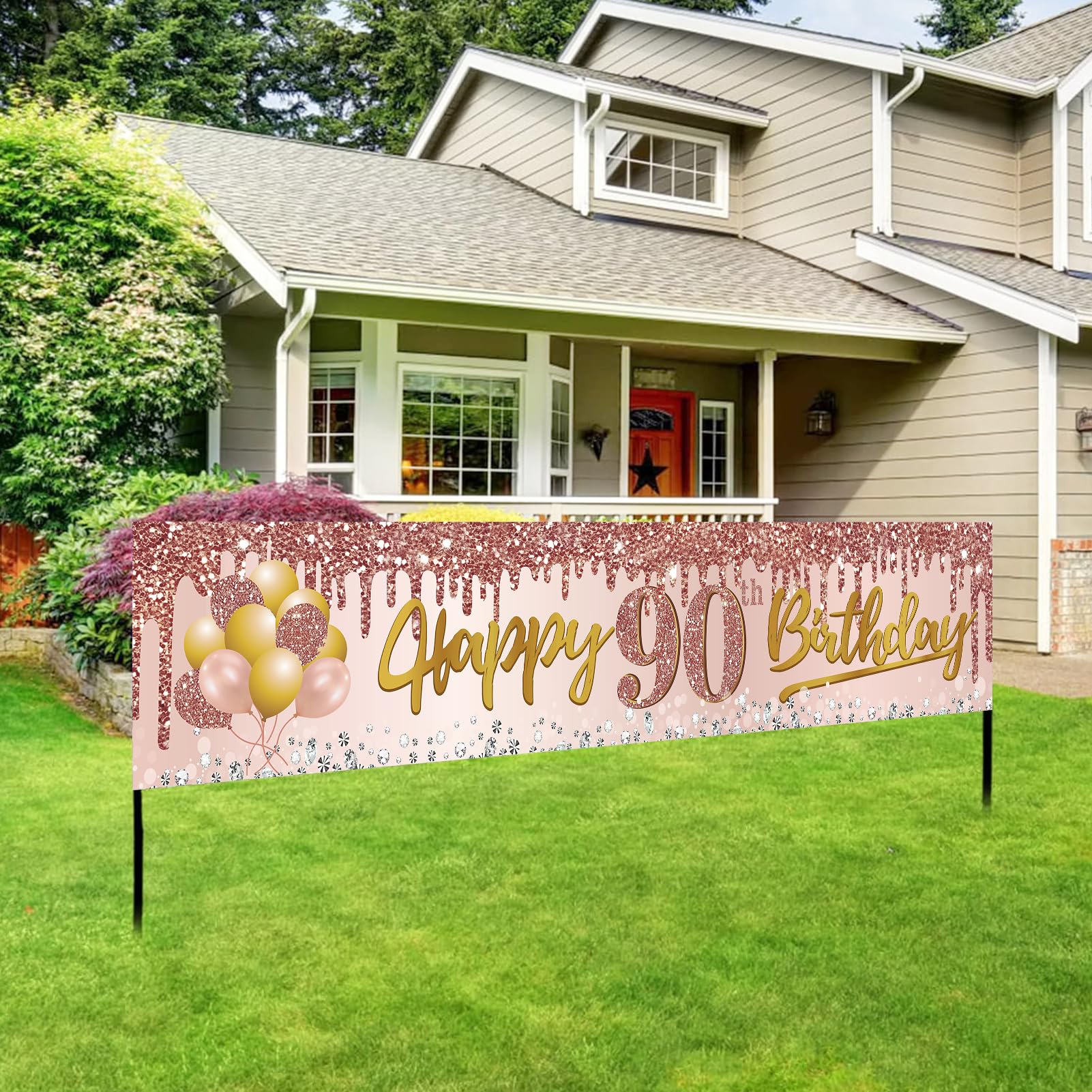 Excelloon 90th Birthday Banner Decorations for Women, Pink Rose Gold Happy 90 Birthday Yard Banner Party Supplies, 90 Year Old Bday Background Sign for Outdoor Indoor