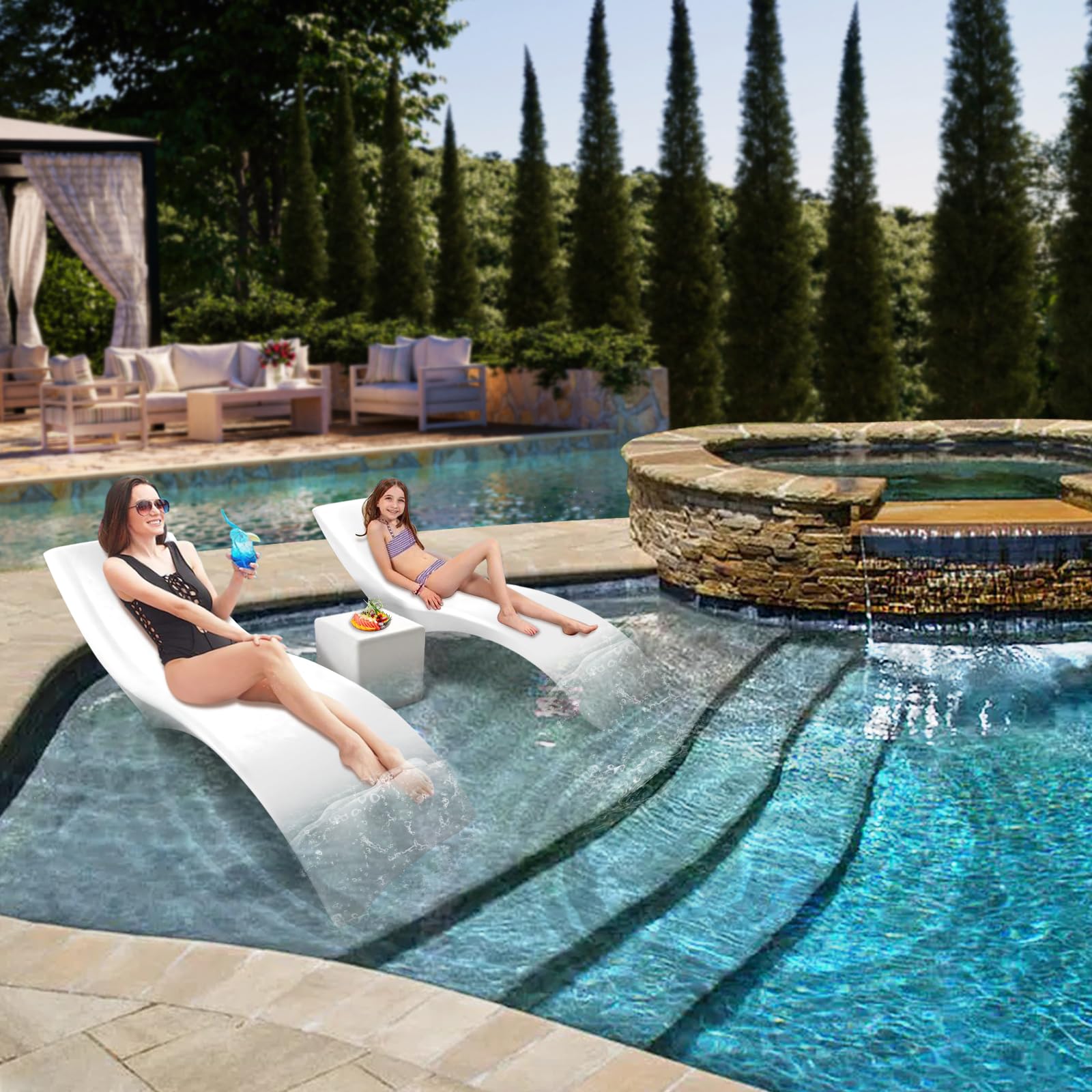 XGC Sun Loungers - Luxury Waterproof Patio Furniture - Support Up to 9" in The Water - Set of 2 in Water Pool Chairs - All Pool Types - White