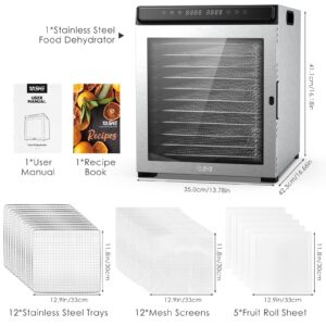 YASHE Food Dehydrator Machine, 12 Stainless Steel Food Dryer, 72H Timer and Temperature Control (95°F-167°F), 1300W Dehydrators for Food and Jerky, Herbs, Fruit, Dog Treats, Recipes Book Included