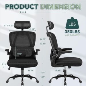 Shahoo Ergonomic Office Chair, High Back with Breathable Mesh Seat,Adjustable Lumbar Support, Headrest and Flip-up Arms, Black