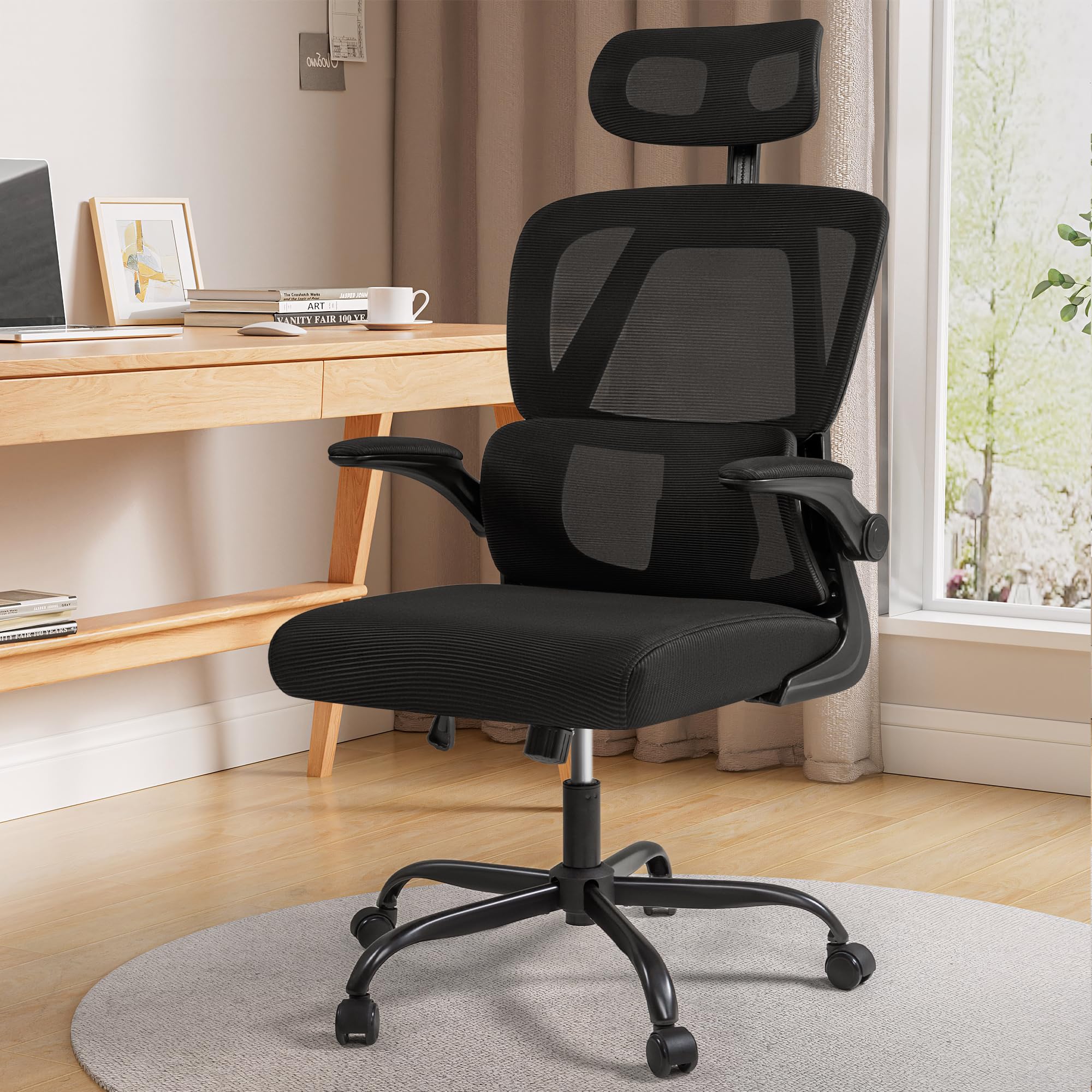 Shahoo Ergonomic Office Chair, High Back with Breathable Mesh Seat,Adjustable Lumbar Support, Headrest and Flip-up Arms, Black