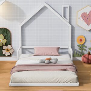 Bellemave Twin Floor Bed for Kids, Metal Twin Bed for Boys, girs, Twin Bed Frame with House-Shaped Headboard, Twin Size Montessori Floor Bed, White