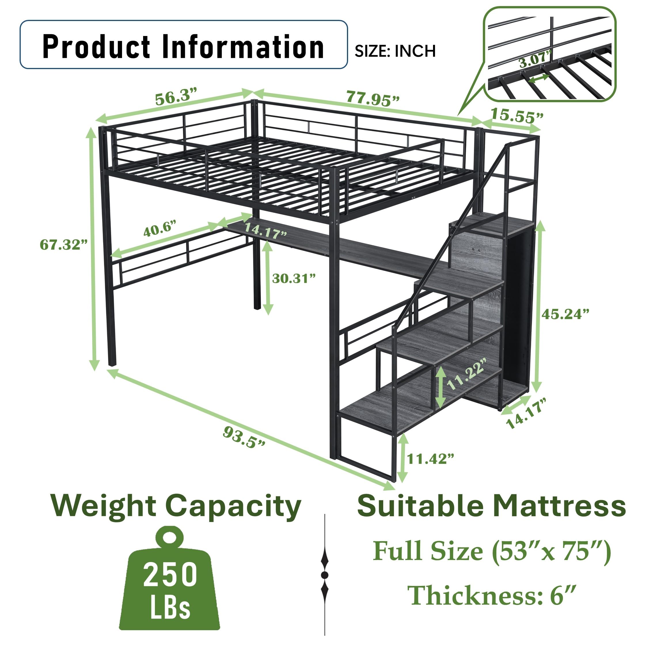 DNYN Stairway Full Size Metal Loft Bed with Desk for Kids,Adults,Heavy Duty Bedframe w/Storage & Wardrobe,Space Saving Design & No Box Spring Needed, Black