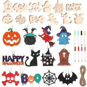 halloween crafts for kids, 60pcs unfinished predrilled diy wooden slices halloween painting crafts halloween gifts for hanging decoration