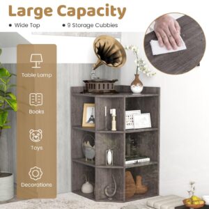 Byroce 9 Cube Corner Cabinet, 3-Tier Wooden Cube Storage Organizer Bookshelf with Charging Station, 2 USB Ports & 4 Outlets, 90 Degree Cubby Corner Shelf for Living Room, Bedroom & Playroom (Gray)