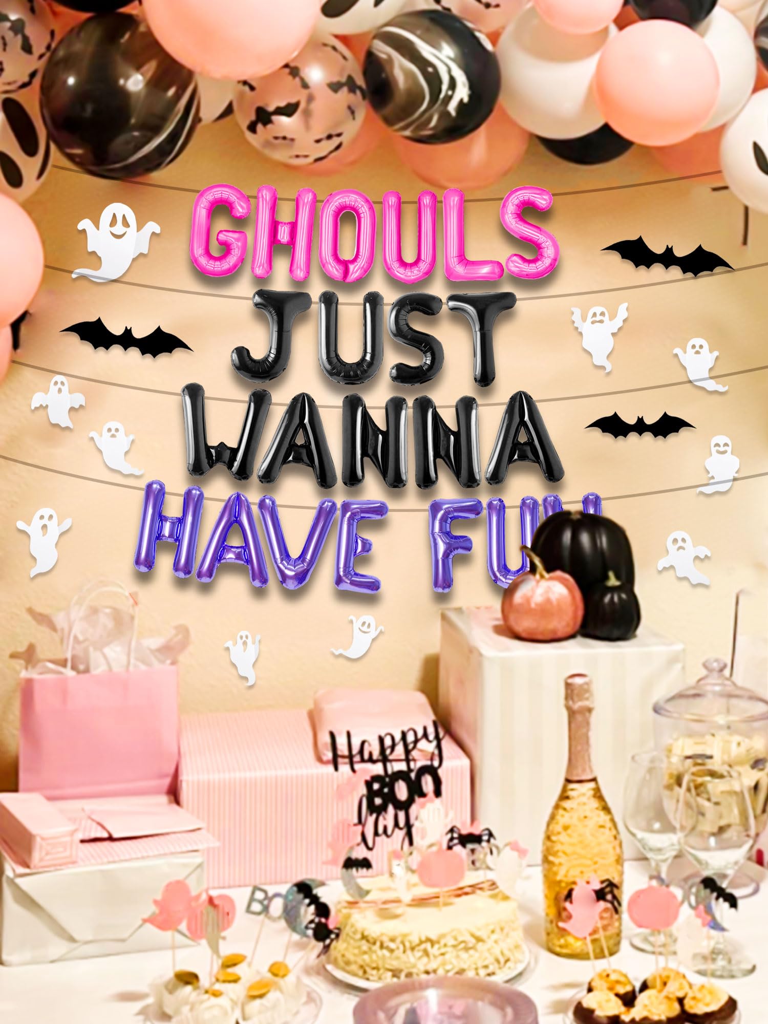 JeVenis Pink Ghouls Just Wanna Have Fun Banner Balloons Garland for Bachelorette Party Birthday Party Decorations