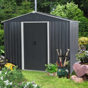 Outdoor Shed Storage 8FT x 10FT,Sliding Door Storage Shed, Outdoor Metal Storage Sheds, Garden Shed for Backyard, Patio, Lawn, Outside (Black-Small)