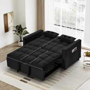 DAMAIFROM Velvet Sleeper Sofa Bed with USB Port, 3-in-1 Convertible Upholstered Loveseat Sofa w/Pull-Out Bed, Modern Futon Couch Bed with Adjustable Backrest for Living Room, Small Space, Black