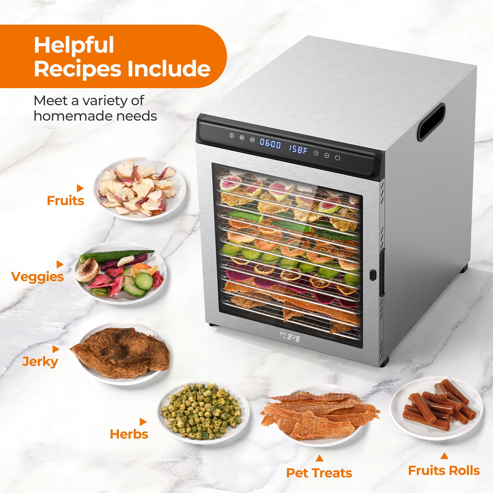 YASHE Food Dehydrator Machine, 12 Stainless Steel Food Dryer, 72H Timer and Temperature Control (95°F-167°F), 1300W Dehydrators for Food and Jerky, Herbs, Fruit, Dog Treats, Recipes Book Included