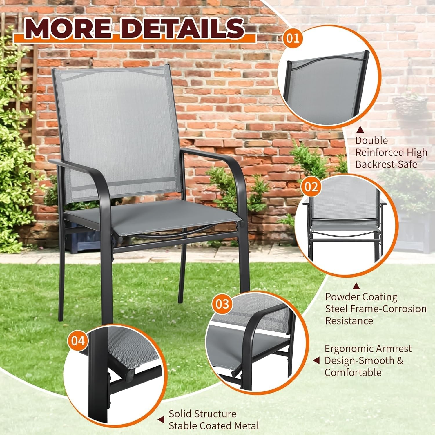 Bed Bath & Beyond Outdoor Patio Metal Textilene Dining Chairs with Armrest Set of 2 Grey