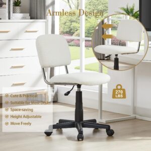 VECELO Armless Home Office Sherpa Vanity Chair with Wheels Faux Fur, Swivel Height Adjustable for Bedroom Makeup, White