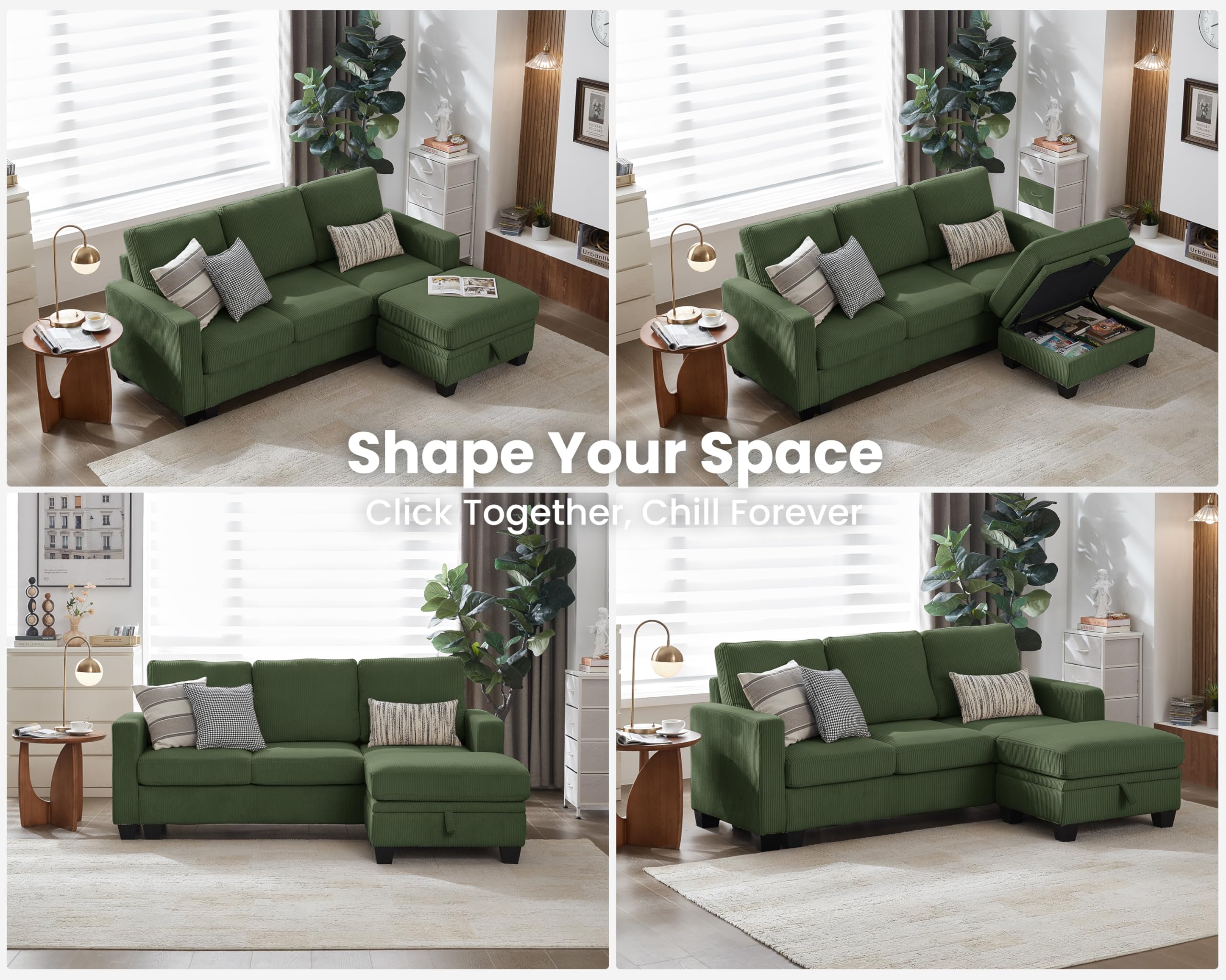 CHIC HOUSE Modular Sectional Sofa Corduroy Couch, Customizable U-Shaped Sofa with Storage Ottoman, Reversible Chaise for Living Room, Oversized L-Shaped Sofa Set (Green, 4 Seater Sectional)