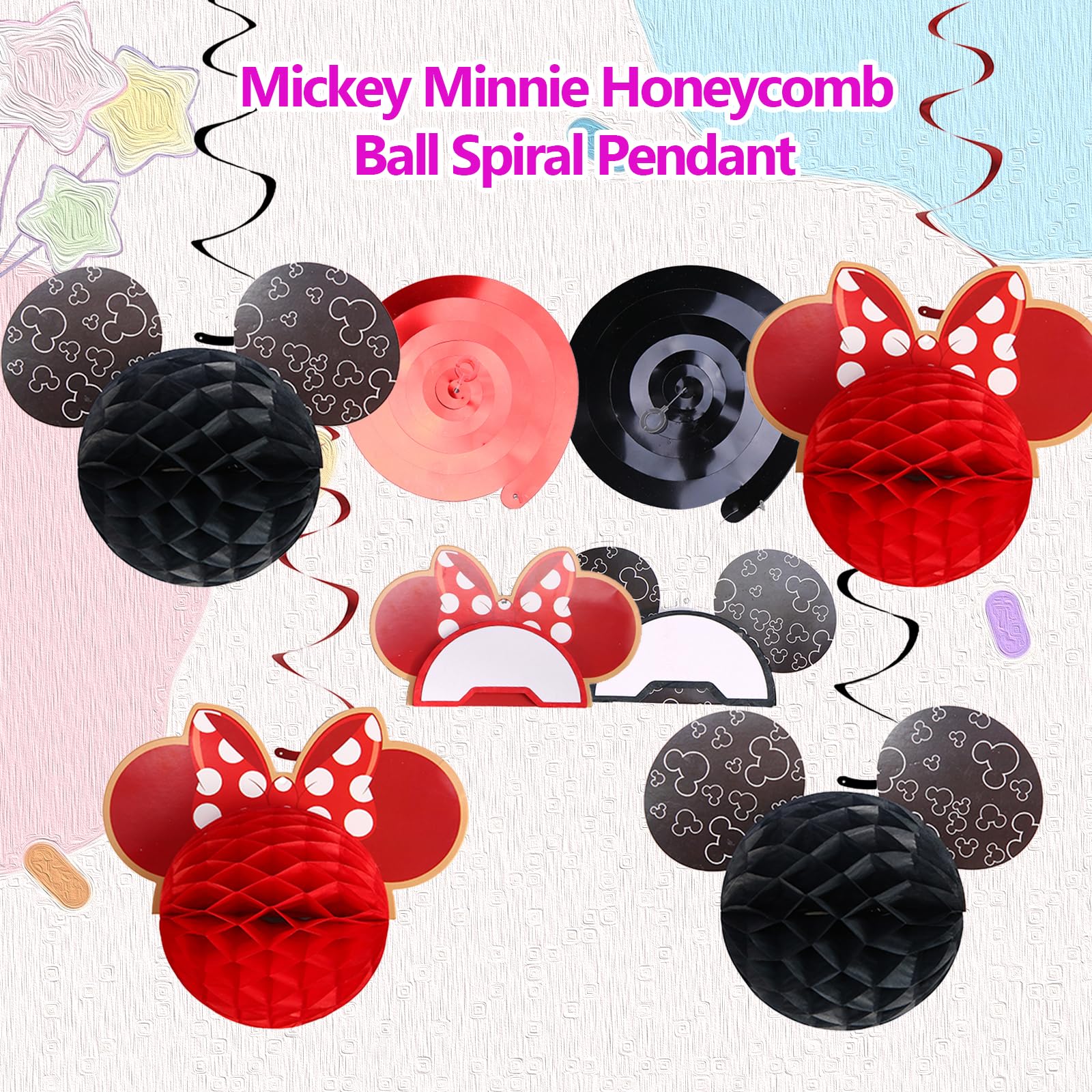 2 Pieces Micky Themed Birthday Decorations, Cartoon Honeycomb Balls with Hanging Swirls , Birthday Party Supplies Black and Red Table Decor for Kids, Women, Adults