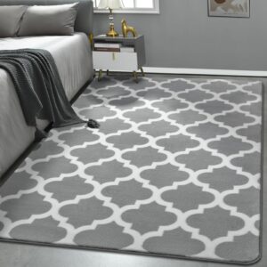 morroccan modern area rug for living room bedroom, 4x6 ft low pile shag geometric bedroom area rug small entry rug floor carpet for kids room nursery office home decor aesthetic, light grey & white