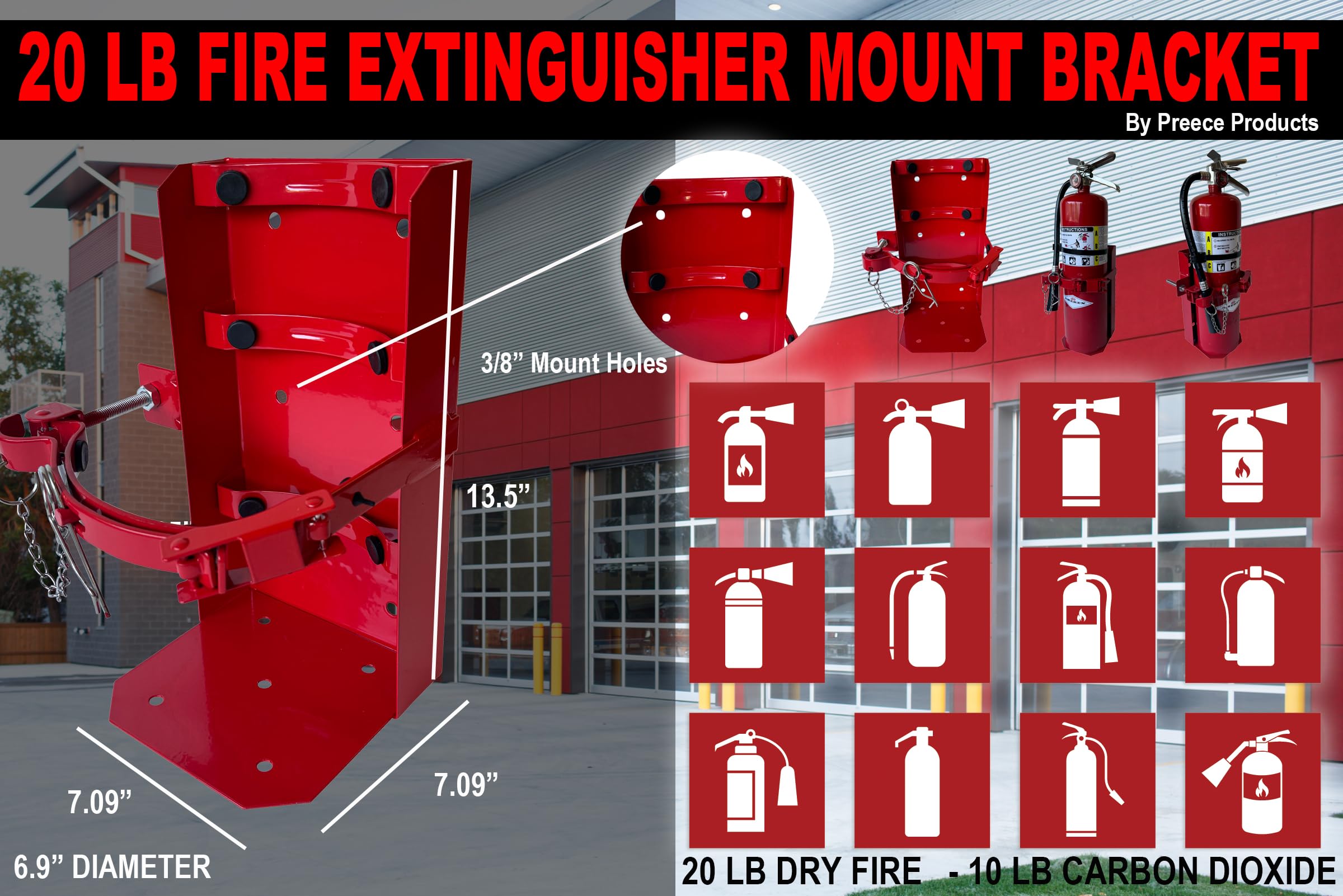 Heavy Duty 20 LB Fire Extinguisher Mount Bracket for Vehicle and Building for 20lb Dry and 10lb Co2 6.9" Diameter, Generic for 810 by amerex - Preece Precision