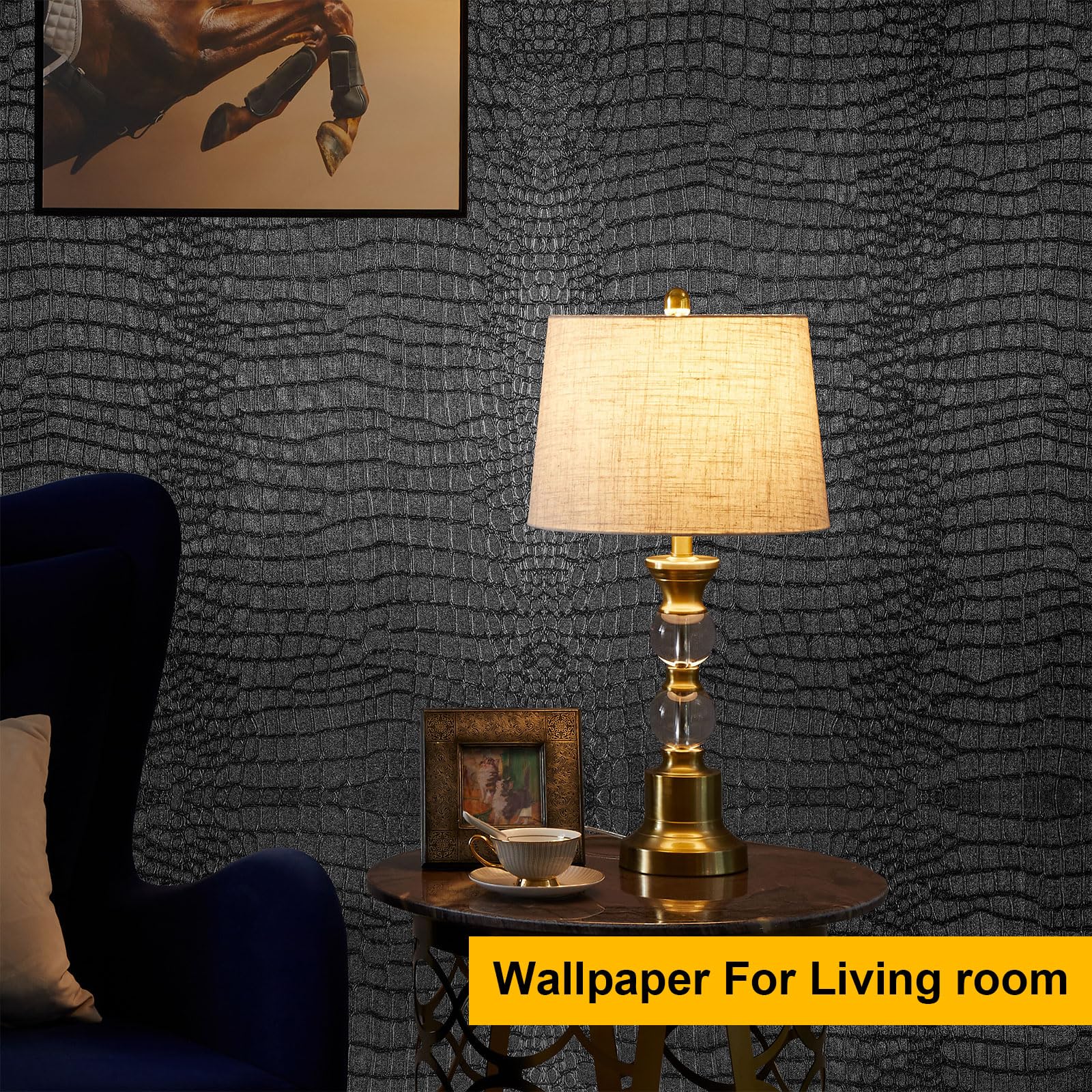 Fititem Black Wallpaper Peel and Stick Wallpaper 118”×17.3” Black Contact Paper for Cabinets Removable Textured Wallpaper Modern Crocodile Self Adhesive Wallpaper Bedroom Bathroom Wallpaper Waterproof