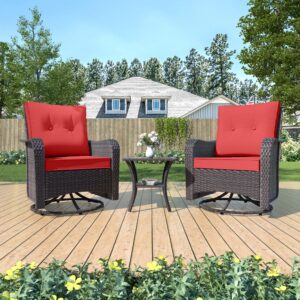 Kurapika 3 Pieces Patio Furniture Set Outdoor Swivel Gliders Rocker, Wicker Patio Bistro Set, Rattan Rocking Chair with Tempered Glass Side Table and Thickened Cushions (Red)