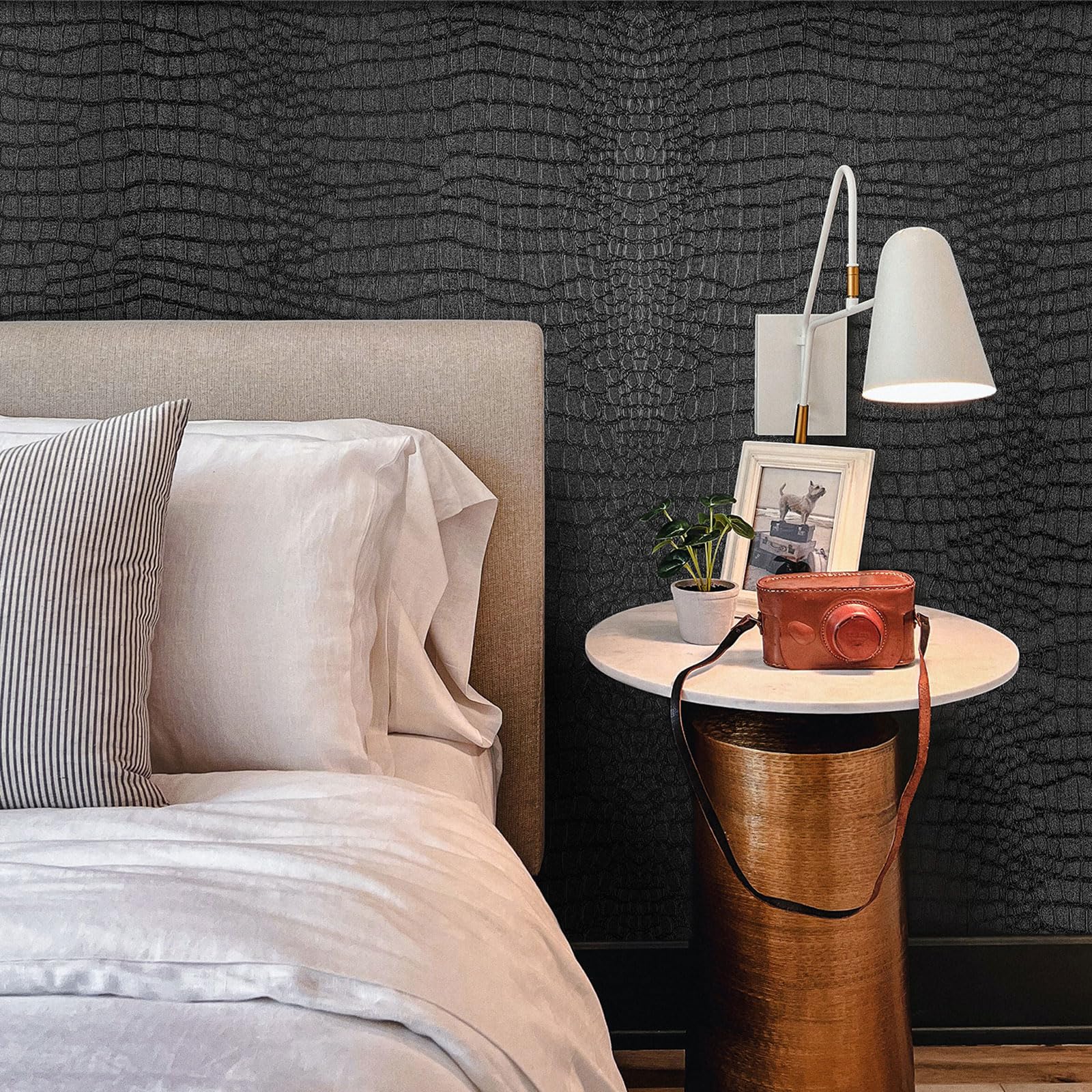 Fititem Black Wallpaper Peel and Stick Wallpaper 118”×17.3” Black Contact Paper for Cabinets Removable Textured Wallpaper Modern Crocodile Self Adhesive Wallpaper Bedroom Bathroom Wallpaper Waterproof