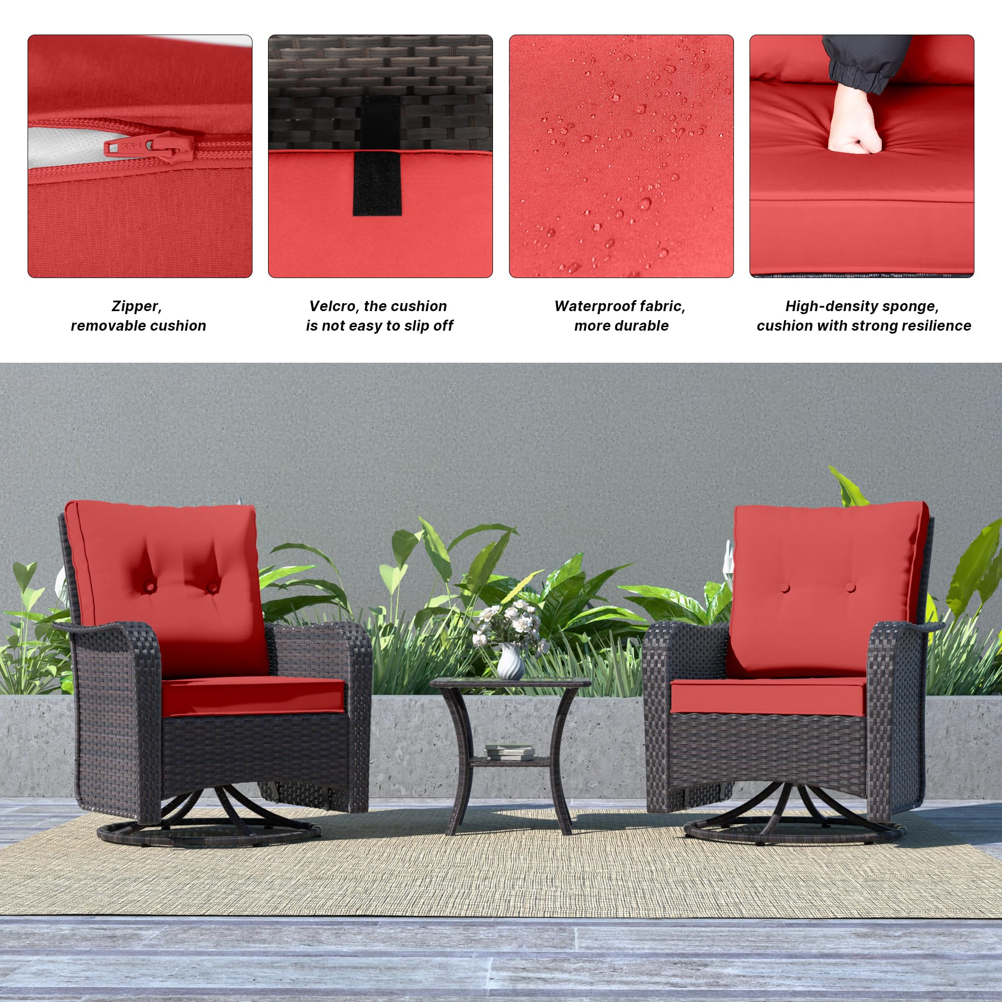 Kurapika 3 Pieces Patio Furniture Set Outdoor Swivel Gliders Rocker, Wicker Patio Bistro Set, Rattan Rocking Chair with Tempered Glass Side Table and Thickened Cushions (Red)