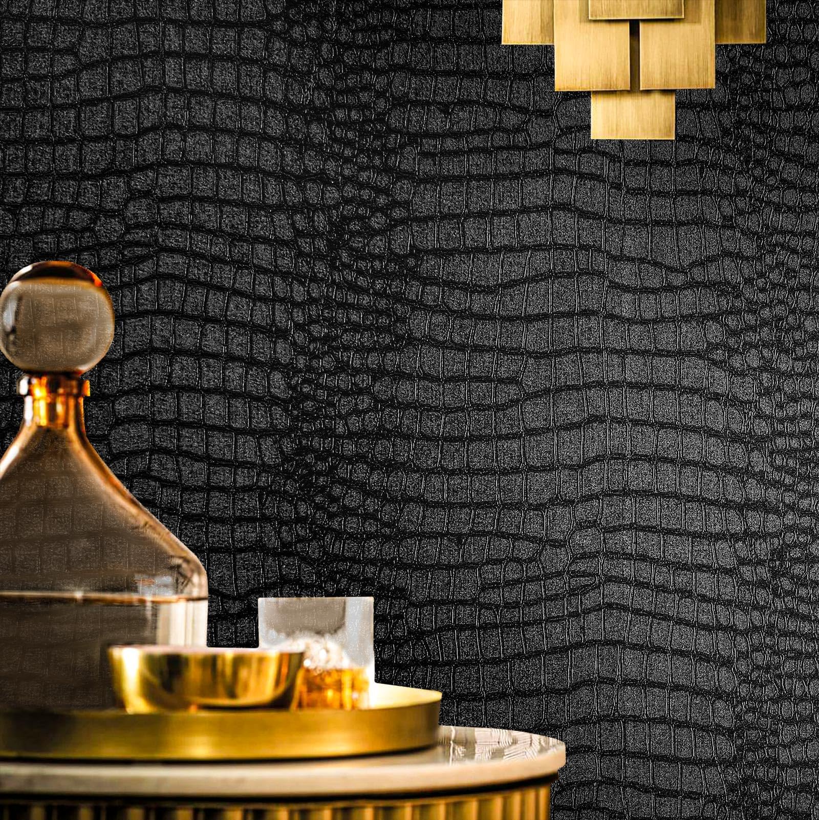 Fititem Black Wallpaper Peel and Stick Wallpaper 118”×17.3” Black Contact Paper for Cabinets Removable Textured Wallpaper Modern Crocodile Self Adhesive Wallpaper Bedroom Bathroom Wallpaper Waterproof