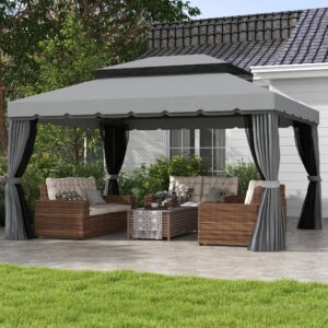 Outsunny 10' x 13' Patio Gazebo, Outdoor Gazebo Canopy Shelter with Netting and Curtains, Aluminum Frame for Garden, Lawn, Backyard and Deck, Gray