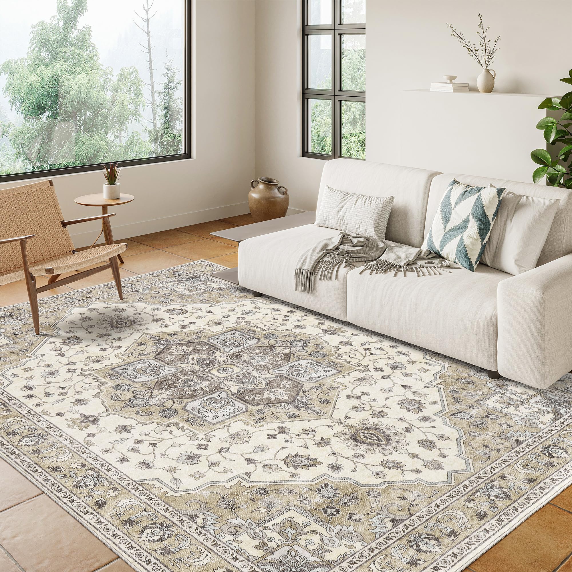 EZKLIN Washable Rug - Anti Slip 8x10 Area Rug, Machine Washable Area Rugs for Living Room, Stain Resistant Bedroom Rug (8'x10', Beige)