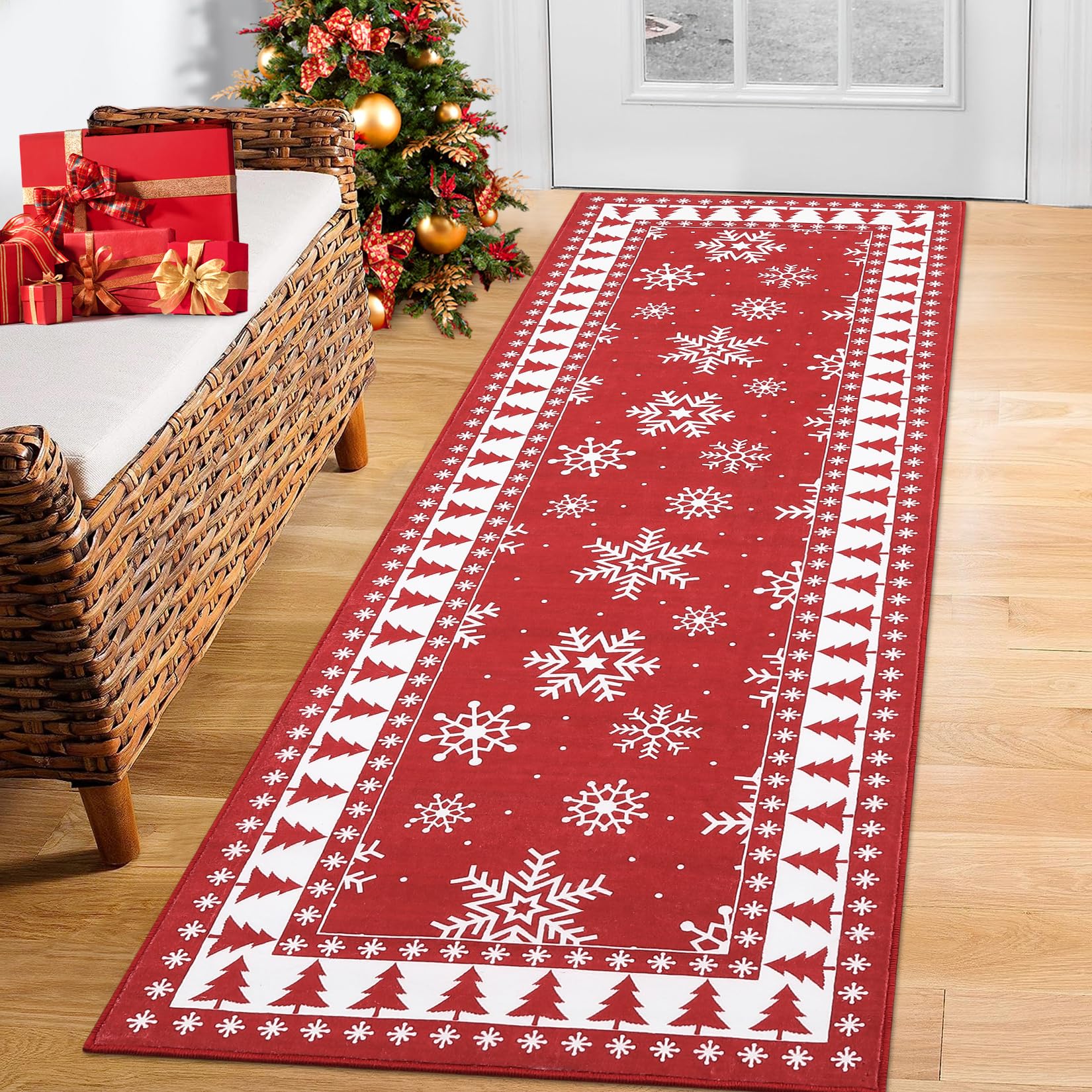 CAROMIO Christmas Hallway Runner Rug Holiday Decorative Bordered Area Rug, Washable Stain Resistant Non-Slip Floor Cover Xmas Tree and Snowflake Entrance Carpet for Laundry Kitchen, 2' x 6'